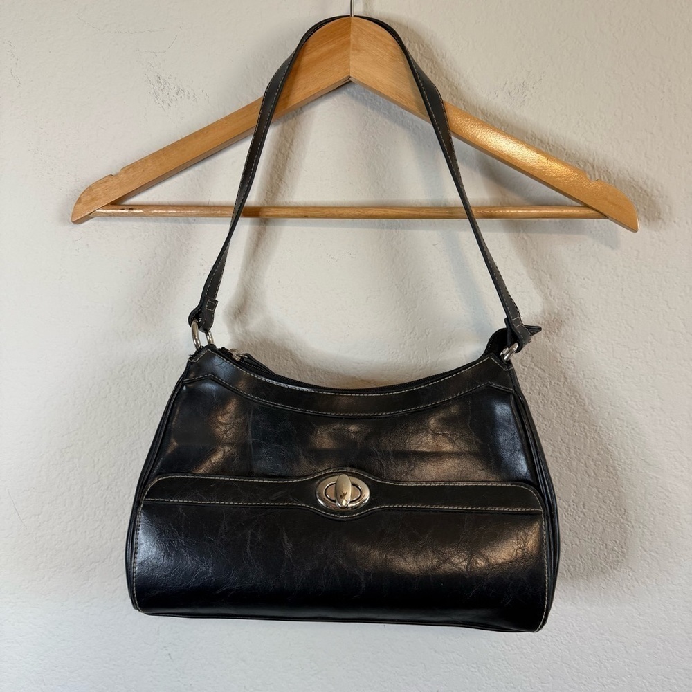 Retro Black Faux Leather Y2K Shoulder Bag Purse Front Twist Lock Opening Purse